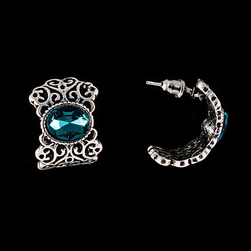 Semicircular Openwork Stud Earrings with Oval "Emerald" Crystals, Silver-Tone, 20 x 15mm