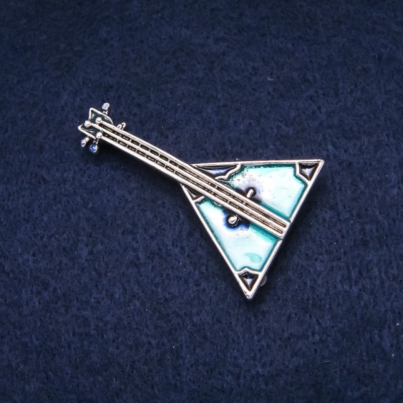 Balalaika Brooch, Enamel, Silver-Tone Metal, 32x49mm