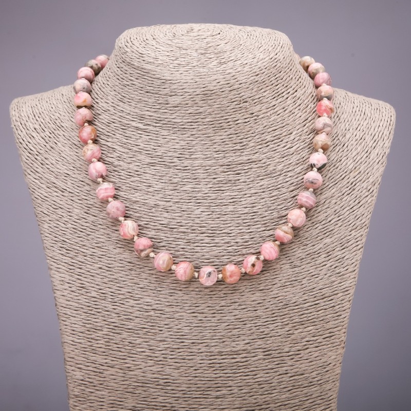 Natural Rhodochrosite Stone Necklace, Smooth Round Beads, 8mm Diameter, 44cm Length