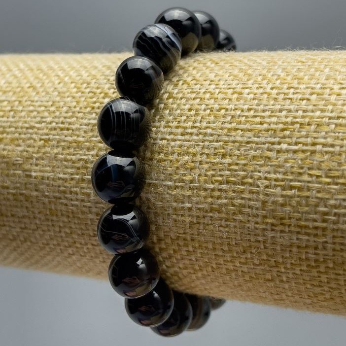 Bracelet of Natural Agate, smooth round beads, diameter 10±mm, elastic cord, fits 18cm