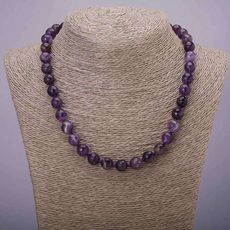 Amethyst Beads Necklace with Faceted Round Beads, 10 mm diameter, 45 cm length