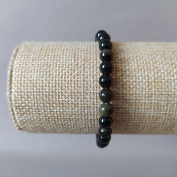 Natural Gold Obsidian Stone Bracelet, Smooth Round Beads on Elastic, 6.5mm, 18cm