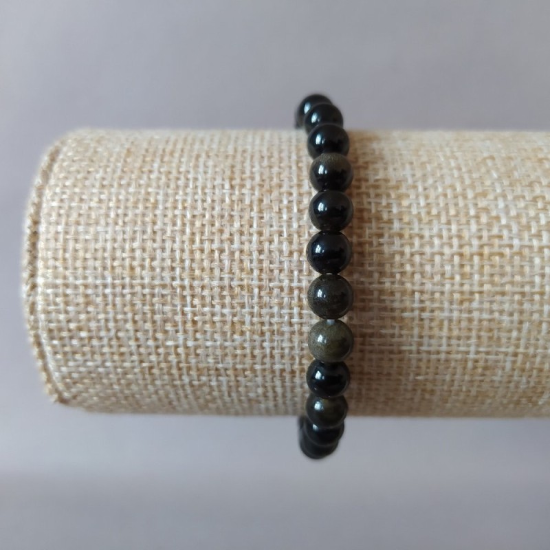 Natural Gold Obsidian Stone Bracelet, Smooth Round Beads on Elastic, 6.5mm, 18cm
