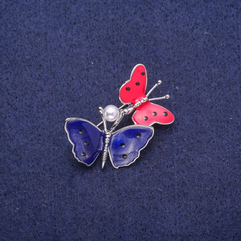 Sale! Polka-Dot Butterflies Brooch, Blue-Red Enamel 33x25mm