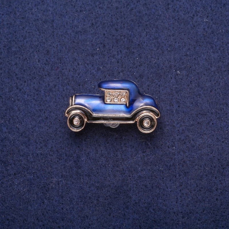 Car Brooch with Blue-Black Enamel and Rhinestones, Gold-Tone Metal 17x29mm