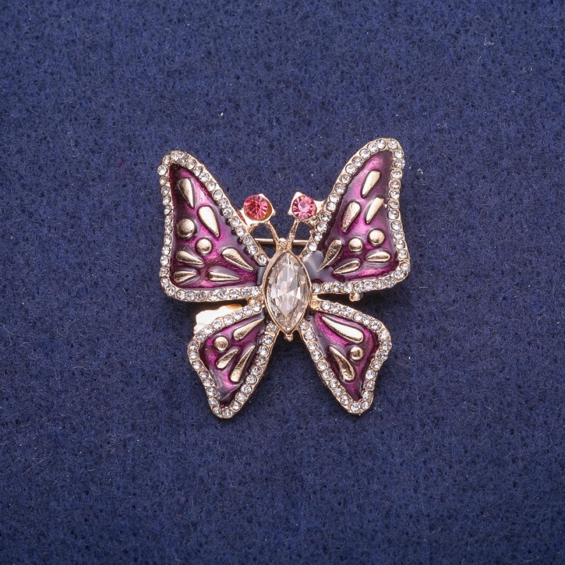 Sale! Butterfly Brooch with Enamel and Crystals, Gold-Tone Metal 32x35mm