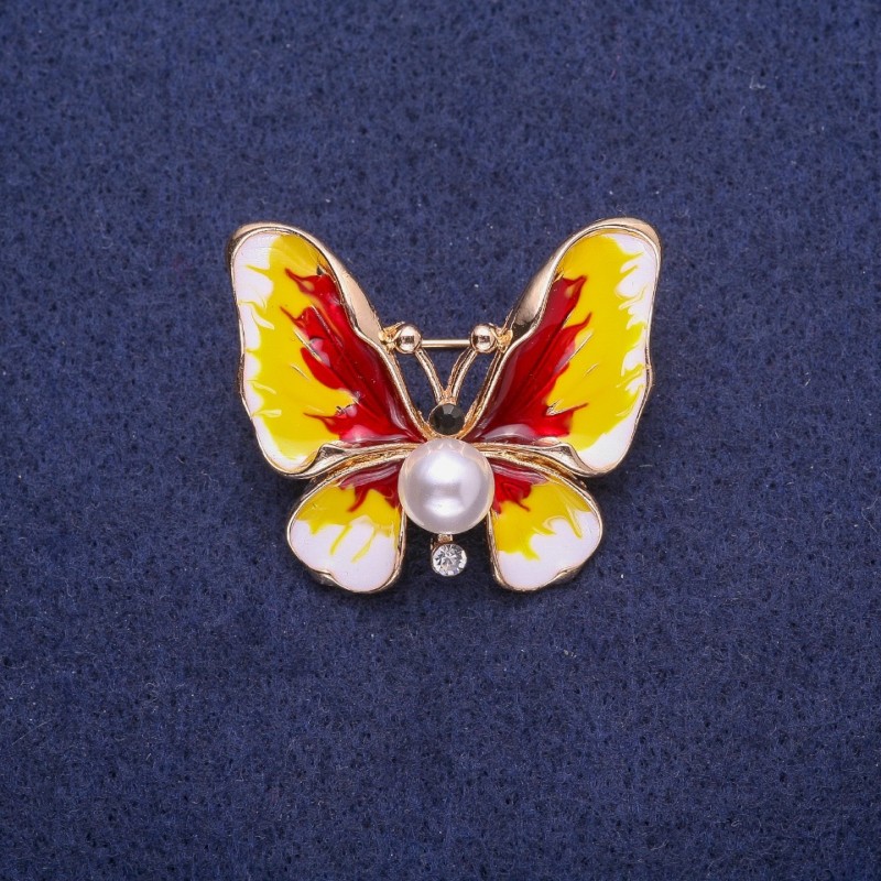 Sale! Butterfly Brooch with Pearl Bead and Enamel, Yellow Metal 30x35mm