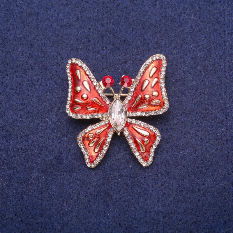Sale! Butterfly Brooch with Enamel and Crystals, Gold-Tone Metal 32x35mm