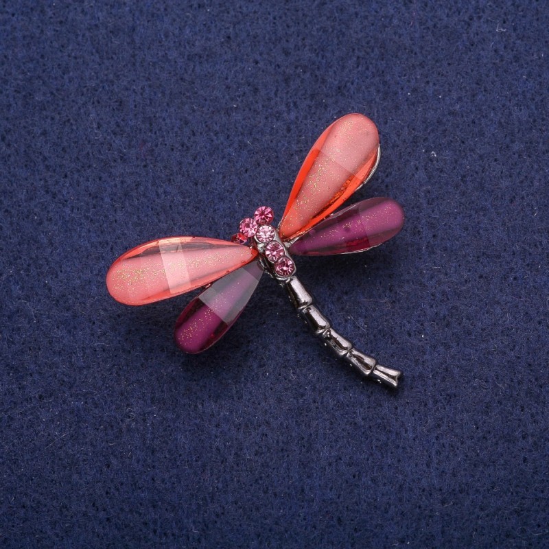 Dragonfly Brooch with Crystals, Silver-Tone Metal 32x43mm
