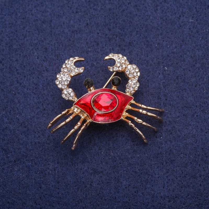 Sale! Crab Brooch with Red Enamel and Rhinestones, Gold-Tone Metal 30x40mm