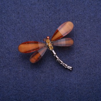 Dragonfly Brooch with Brown Crystals, Silver-Tone Metal 32x43mm