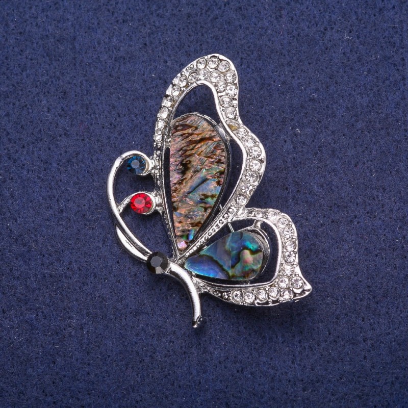 Sale! Butterfly Brooch with Abalone and Rhinestones, Silver-Tone Metal 33x47mm
