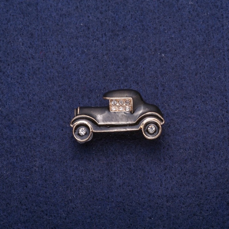 Car Brooch, Black Enamel with Rhinestones, Gold-Tone Metal 17x29mm
