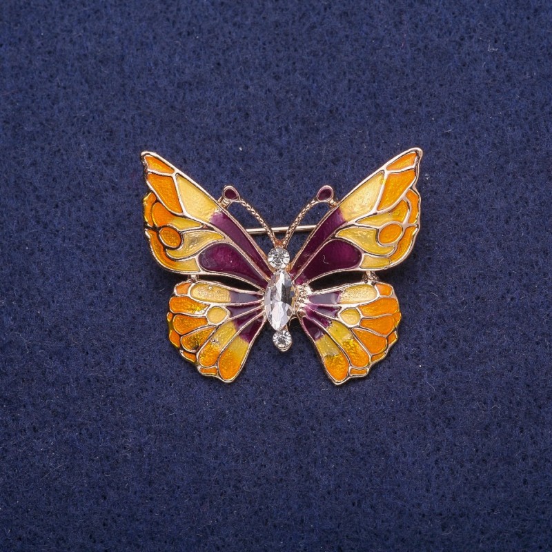 Sale! Butterfly Brooch with Enamel and Crystal, Gold-Tone Metal 29x37mm
