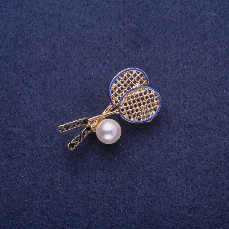 Tennis Rackets Brooch with Imitation Pearl, Gold-Tone Metal 18x33mm