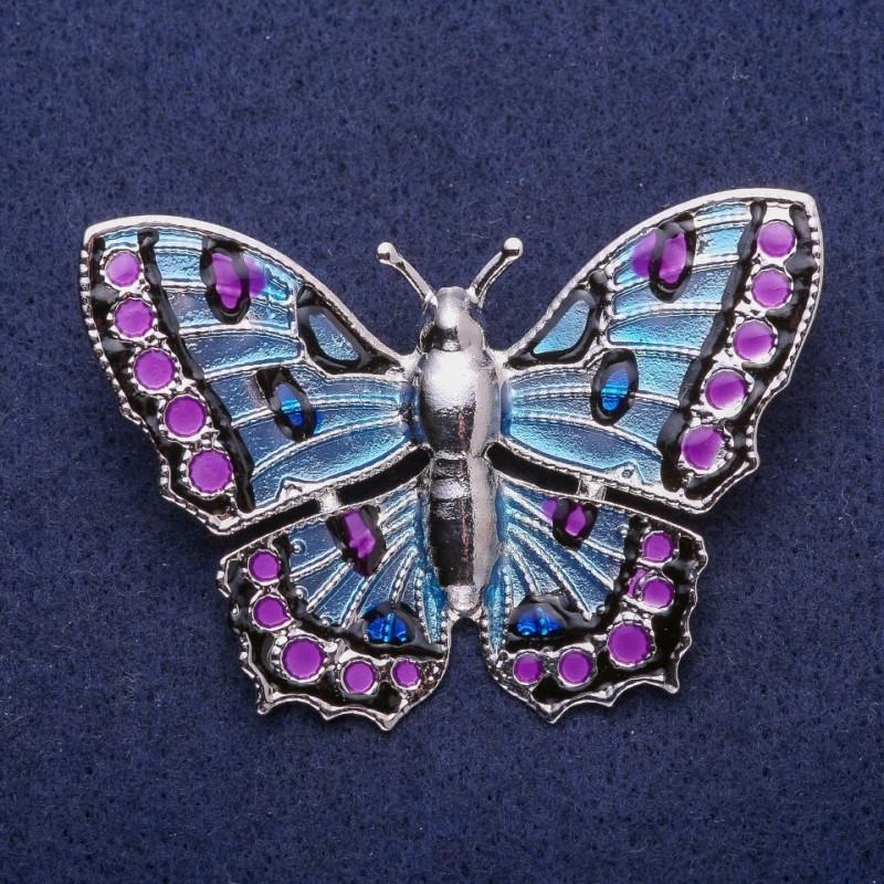 Sale! Butterfly Brooch with Enamel, Silver-Tone Metal 43x60mm