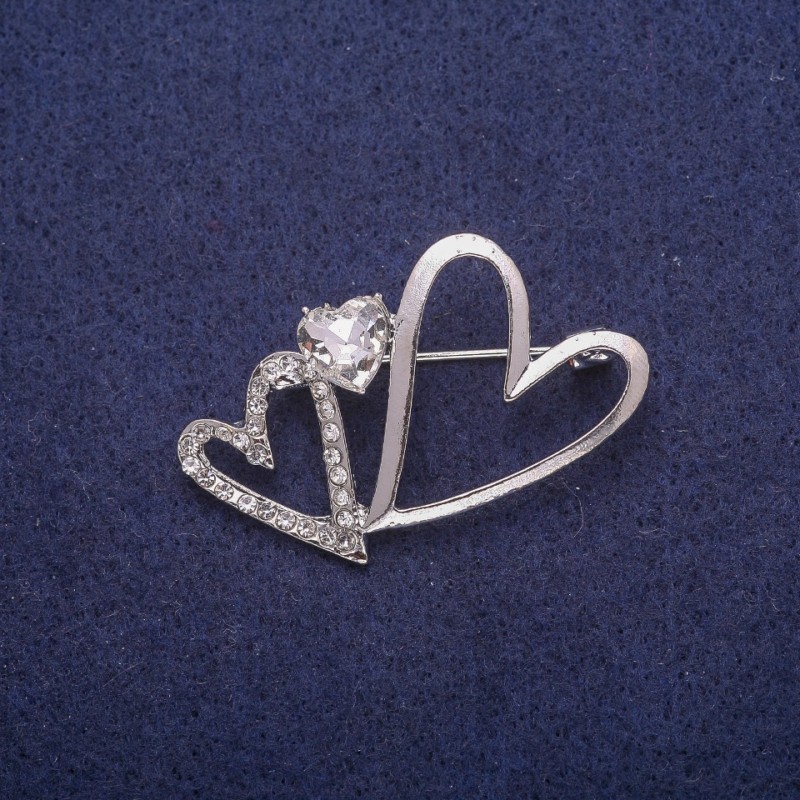 Clearance Heart Brooch with Crystal, Silver-Tone Metal 29x42mm