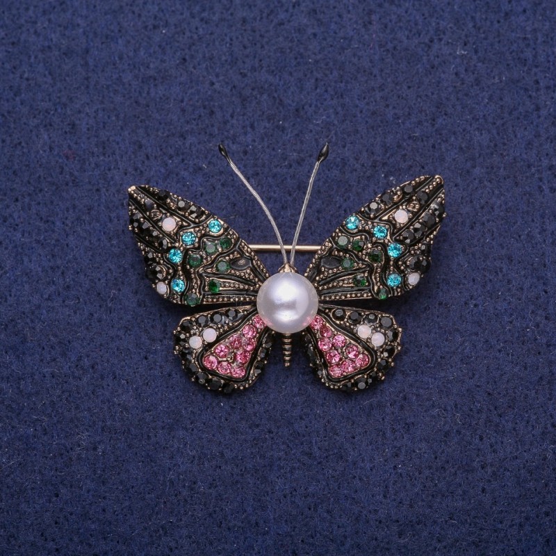 Sale! Butterfly Brooch with Pearl and Multicolor Rhinestones, Gold-Tone Metal 30x41mm
