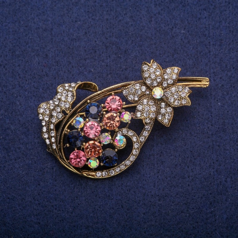 Sale! Flower Brooch with Multicolor Crystals, Gold-Tone Metal 40x65mm