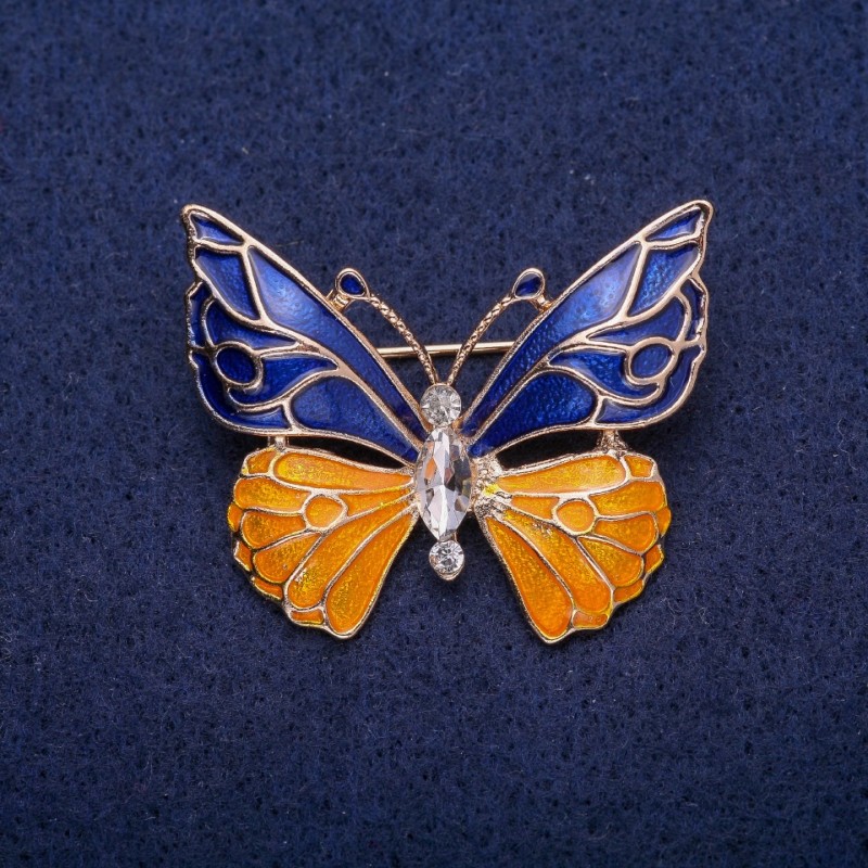 Brooch Butterfly blue-yellow enamel, white crystal, golden metal 30x36mm