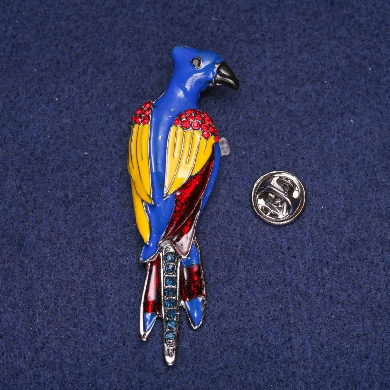 Parrot Brooch with Enamel and Rhinestones, Gray Metal 20x65mm