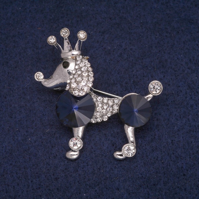 Poodle Dog Brooch with Crystals, Silver-Tone Metal 39x40mm
