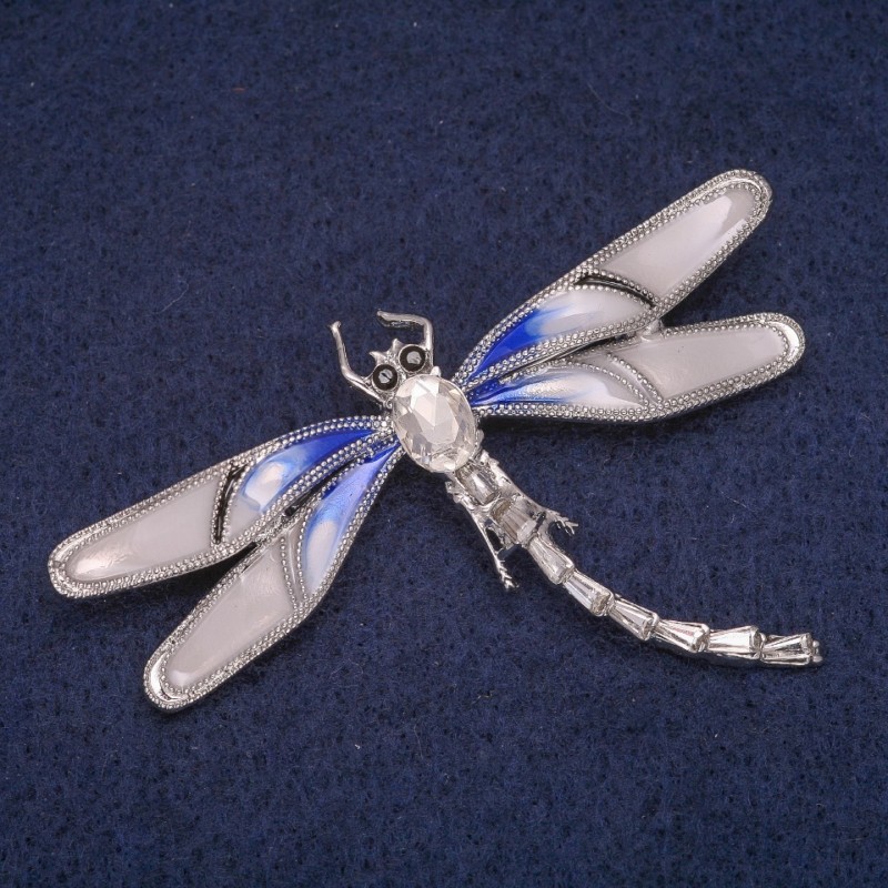 Sale! Dragonfly Brooch with Enamel and Crystal, Silver-Tone Metal 65x44mm