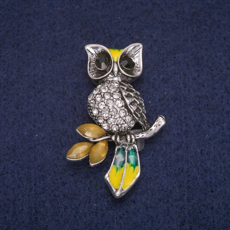 Sale! Owl Brooch with Crystals, Silver-Tone Metal 27x42mm