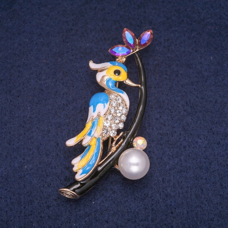 Sale! Bird on a Branch Brooch, Enamel with Rhinestones, Gold-Tone Metal 34x60mm