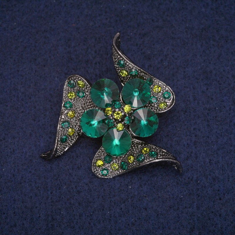 Sale! Flower Brooch with Green Crystals, Gray Metal 41x41mm