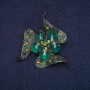 Sale! Flower Brooch with Green Crystals, Gray Metal 41x41mm