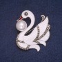 Swan Brooch, Enamel with Bead and Rhinestones, Silver-Tone Metal 44x46mm