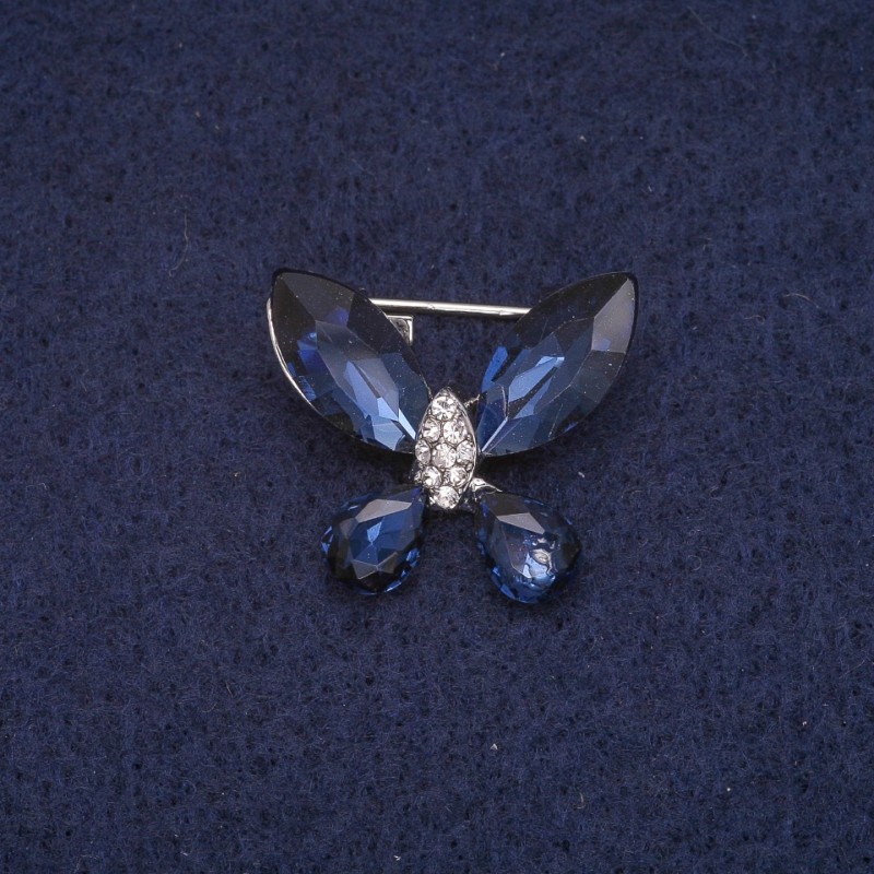 Butterfly Brooch with Crystals, Silver-Tone Metal 20x23mm