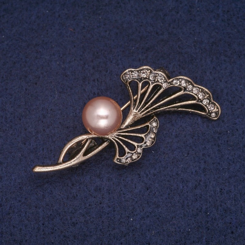 Sale! Flower Brooch with Bead and Rhinestones, Antique Gold Color 26x50mm