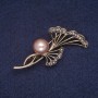 Sale! Flower Brooch with Bead and Rhinestones, Antique Gold Color 26x50mm