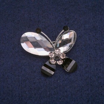Butterfly Brooch with Crystals, Silver-Tone Metal 32x32mm