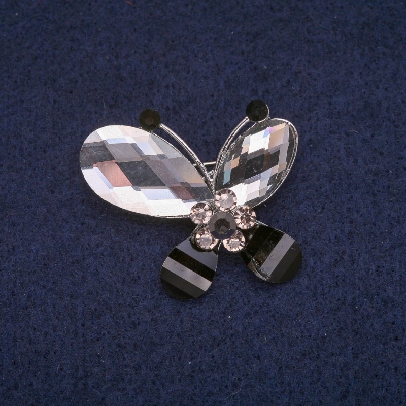 Butterfly Brooch with Crystals, Silver-Tone Metal 32x32mm