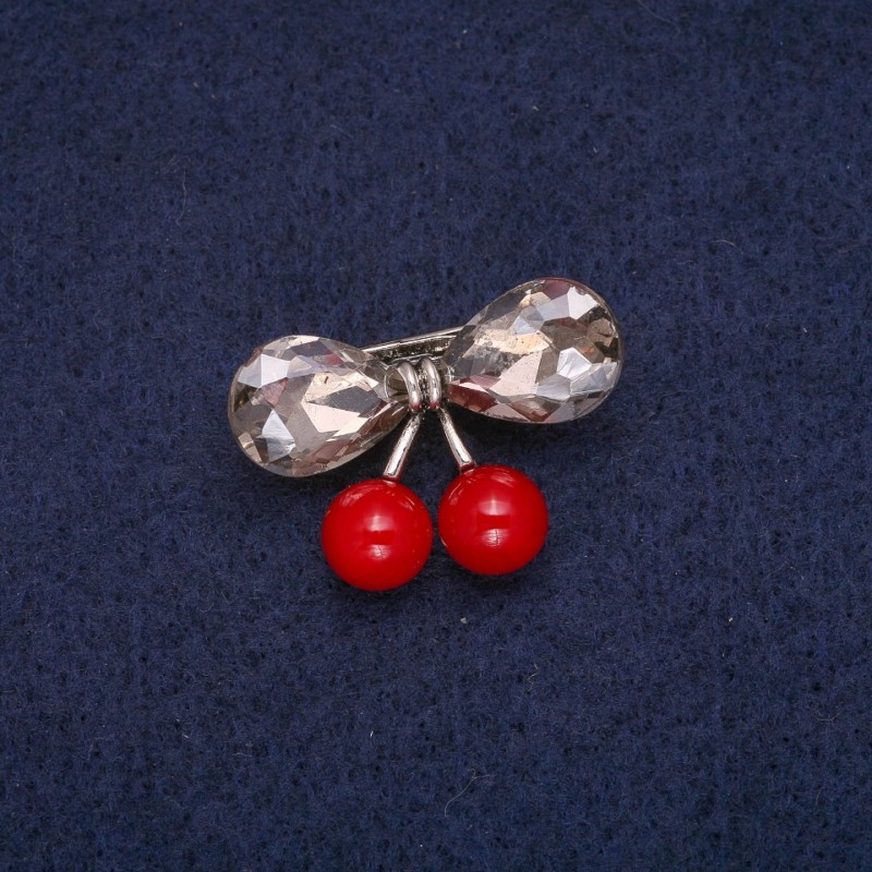 Cherries Brooch with Crystals, Gray Metal 19x28mm