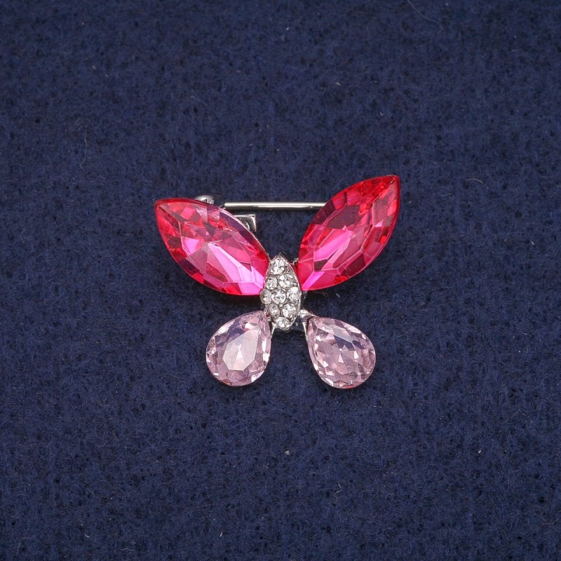 Butterfly Brooch with Crystals, Silver Metal 20x23mm
