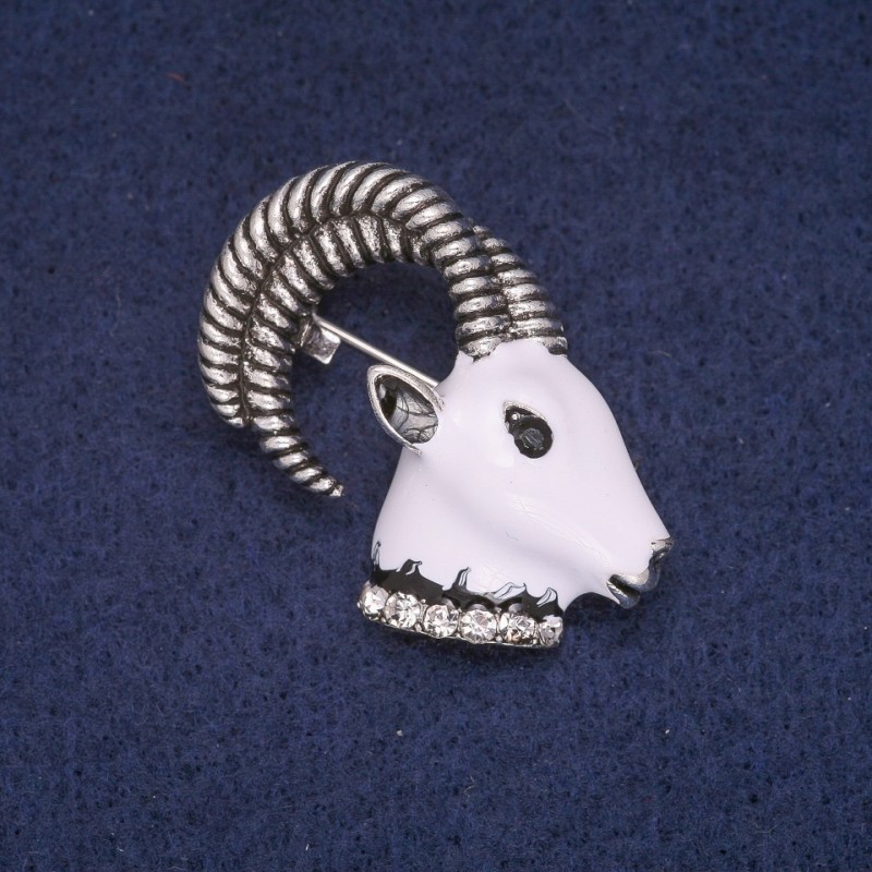 Sale! Goat Head Brooch with Enamel and Rhinestones, Gray Metal 33x36mm
