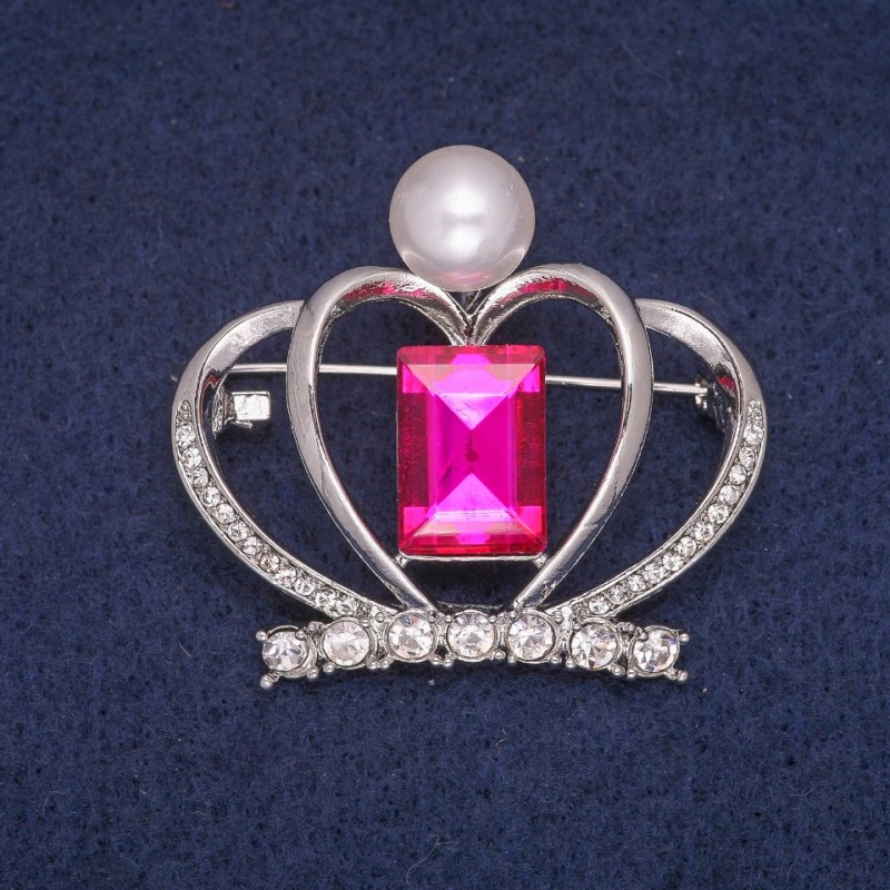 Clearance! Crown Brooch with Bead and Crystals, Silver Metal 38x41mm