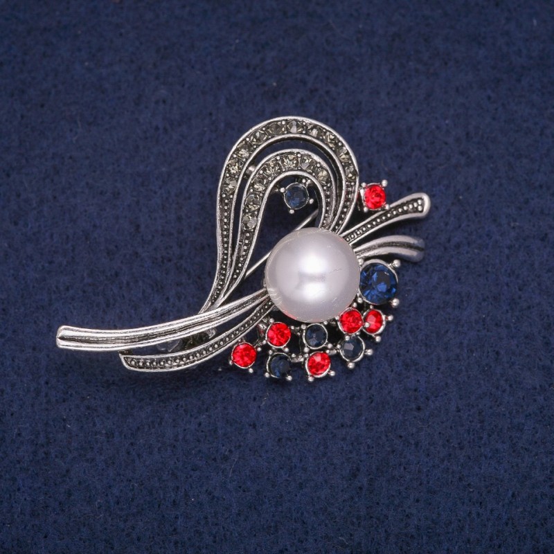 Sale! Accent Brooch with Bead and Crystals, Gray Metal 32x51mm