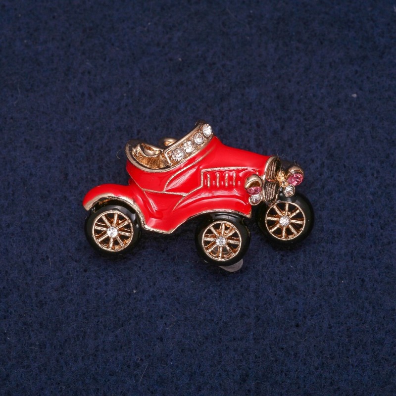 Sale! Car Brooch with Enamel and Rhinestones, Gold-Tone Metal 22x36mm