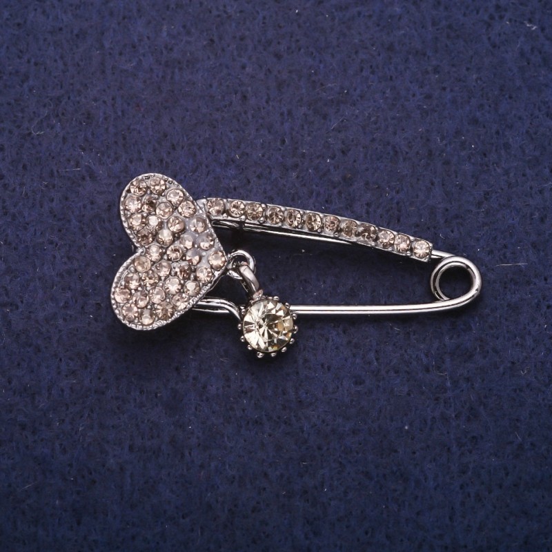 Clearance! Heart Pin Brooch with Rhinestones, Gray Metal 17x41mm