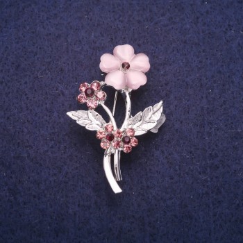 Forget-Me-Not Brooch with Pink Cat's Eye Stone and Rhinestones, Silver-Tone Metal 27x44mm