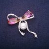 Sale! Bow Brooch with Bead and Yellow-Pink Swarovski-Style Crystals, Silver-Tone Metal 45x47mm