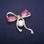 Sale! Bow Brooch with Bead and Yellow-Pink Swarovski-Style Crystals, Silver-Tone Metal 45x47mm