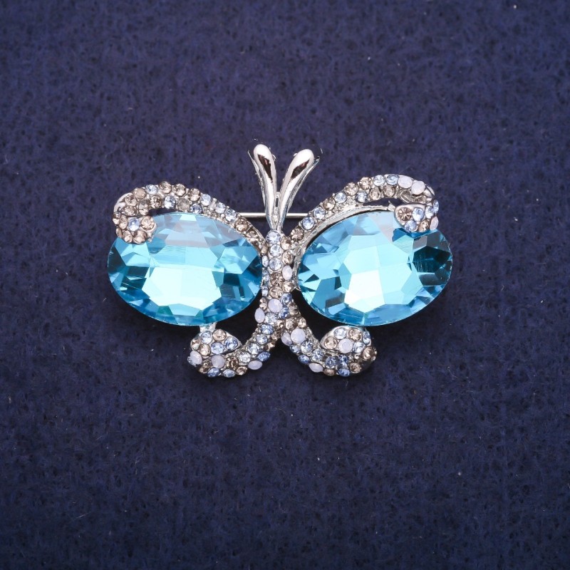 Sale! Butterfly Brooch with Blue Crystals, Silver-Tone Metal 26x38mm