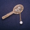 Sale! Racket Brooch with Bead Pendant in Gray Rhinestones, Gold-Tone Metal 24x64mm