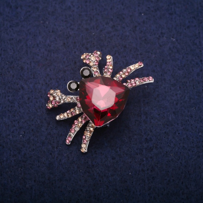 Sale! Crab Brooch with Raspberry Crystals, Gray Metal 27x37mm